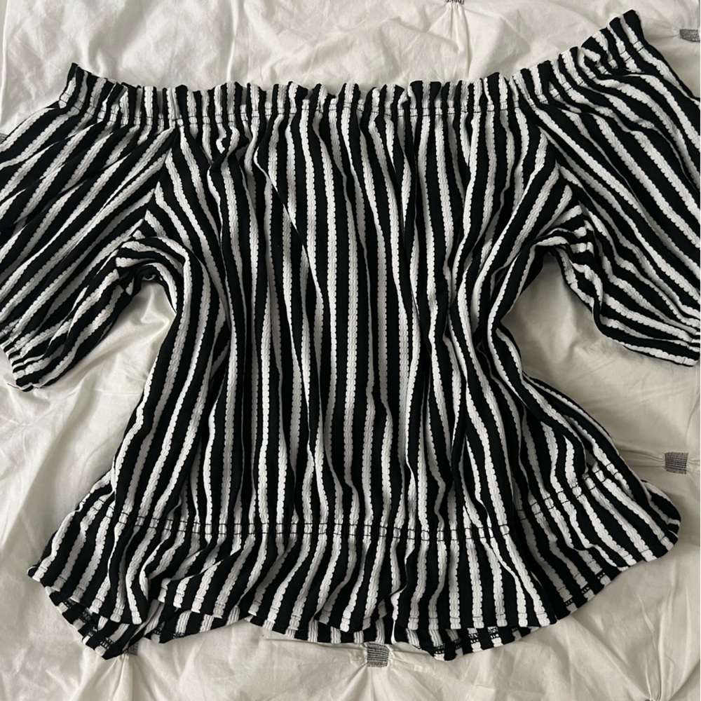 black and white strips off shoulder top